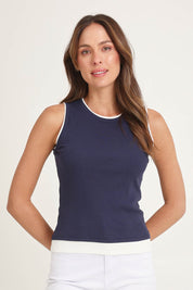 Model Madeline wearing size 10 of Thea Cotton Blend Tank Top in colour Navy (Blue), from the front, cropped image