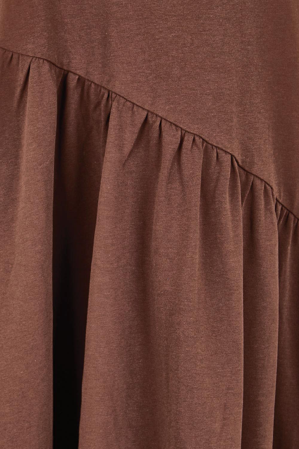 Product shot of the Ava Asymmetrical Dress – Chocolate in colour Chocolate, showing detail