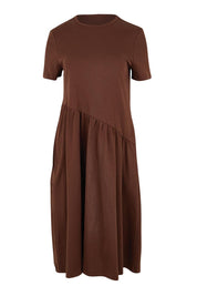 Product shot of the Ava Asymmetrical Dress – Chocolate in colour Chocolate, from the front