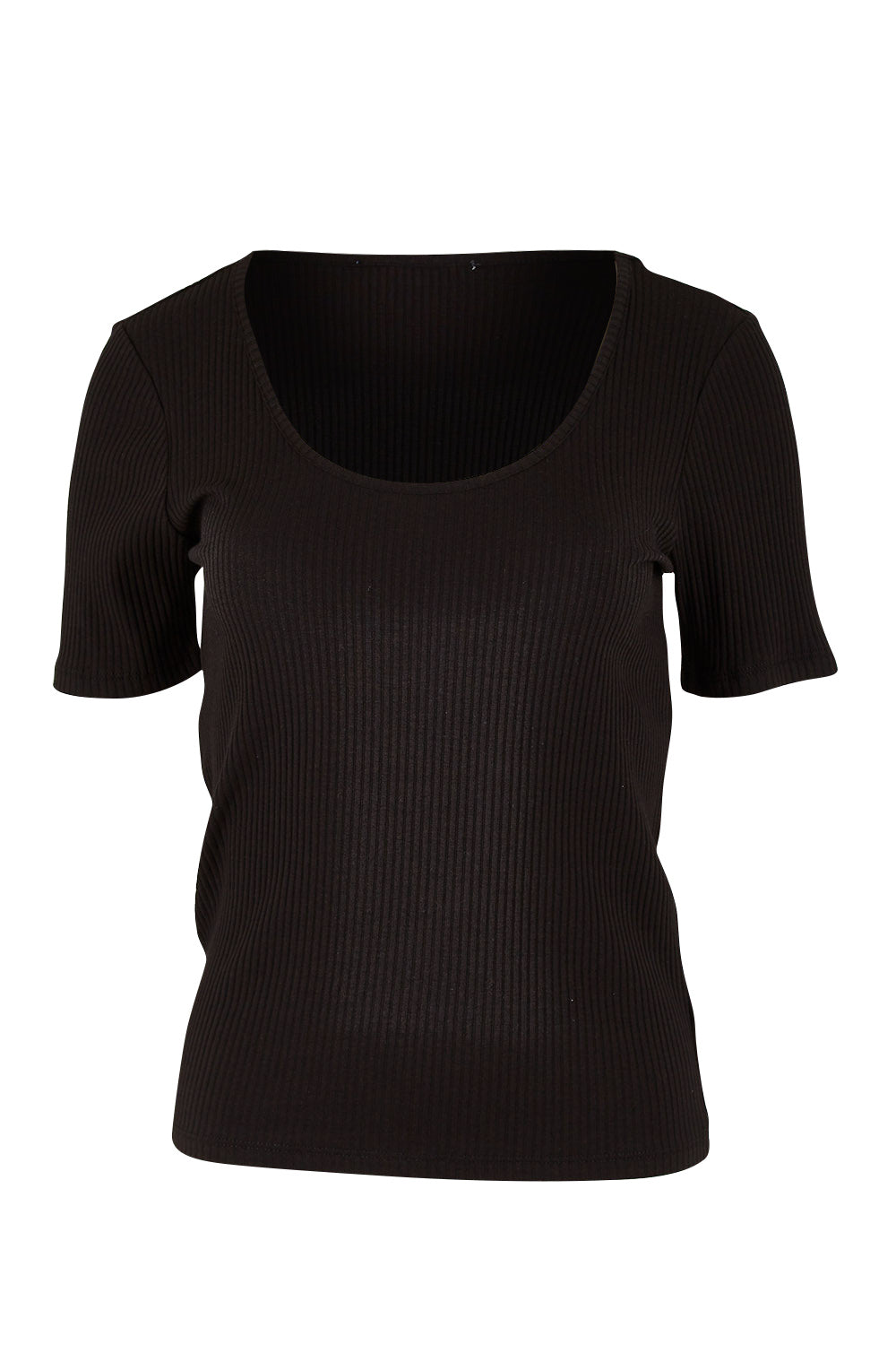 Product shot of the Stacey Rib Tee in colour Black (Black), from the front