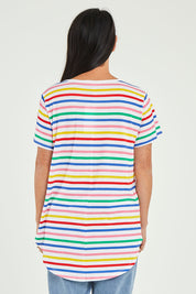 Model Katie wearing size 10 of the Ava Tee in colour Rainbow (Blue), from the back
