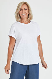Model Sandy wearing size 10 of the Hailey Short Sleeve Cotton Tee in colour White (White), from the front, cropped image