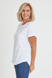 Model Sandy wearing size 10 of the Hailey Short Sleeve Cotton Tee in colour White (White), from the front, cropped image