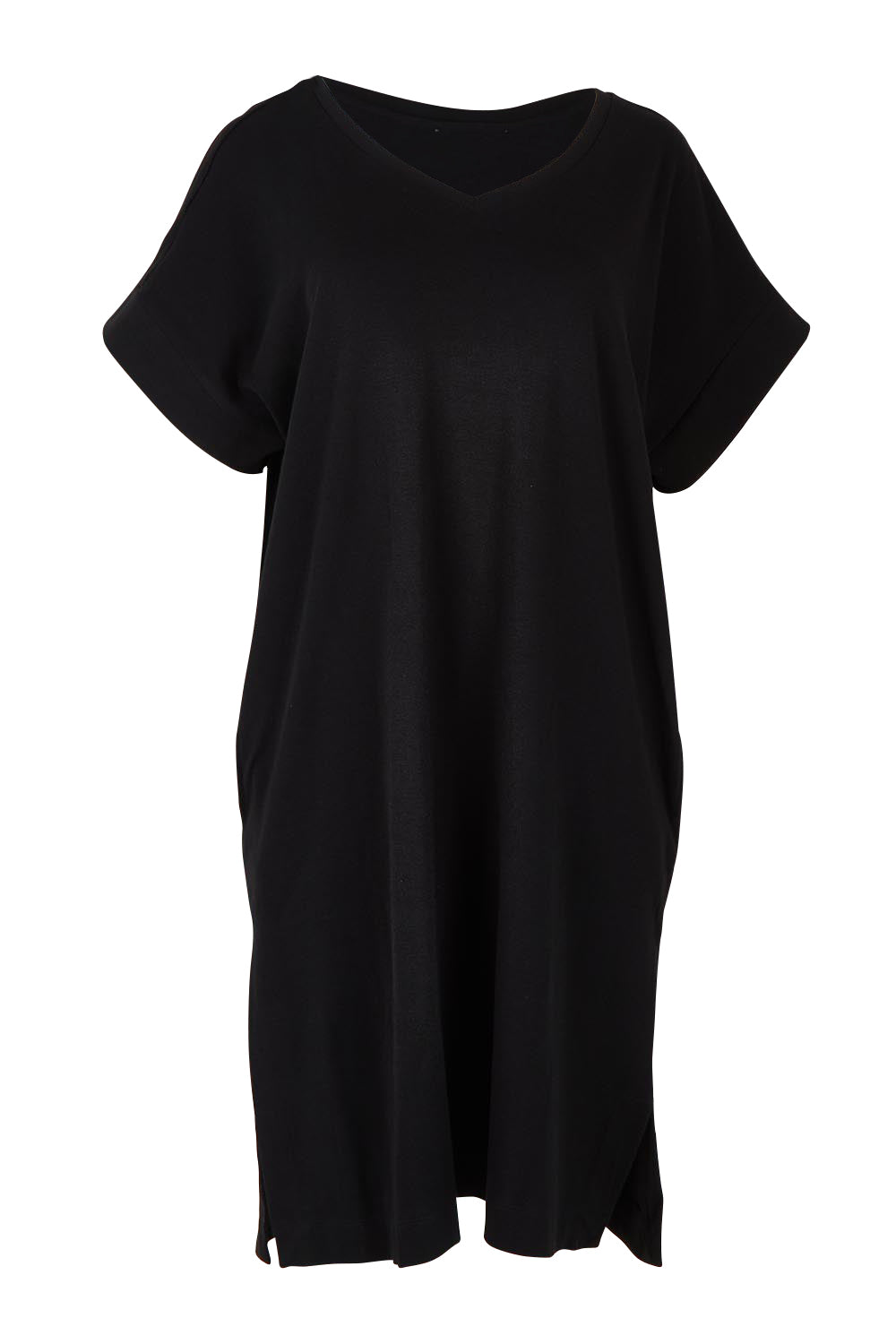 Product shot of the Elise V Neck Cotton Rib Dress in colour Black (Black), from the front