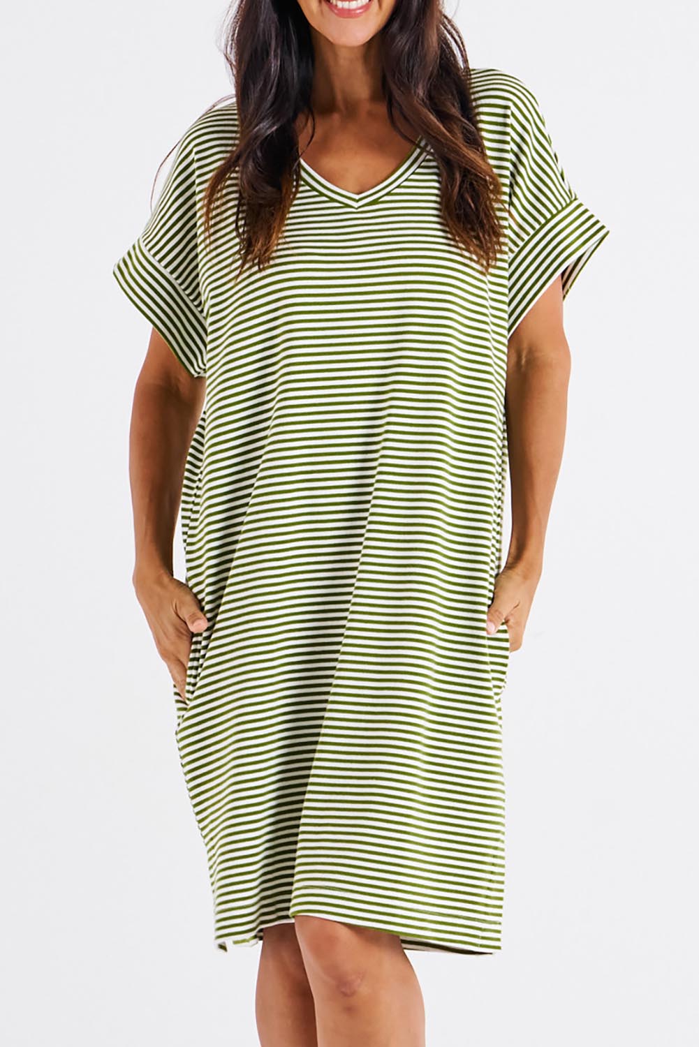 Preloved Elise Cotton V-Neck Rib Dress - Avocadostr