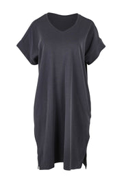 Product shot of the Elise Cotton Vin colourNeck Rib Dress - Steel (Grey), from the front