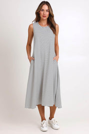 Model Madelinec wearing size 10 of the Sabrina Maxi Dress - Navystripe in colour Navystripe, from the front