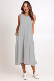 Model Madelinec wearing size 10 of the Sabrina Maxi Dress - Navystripe in colour Navystripe, from the front