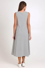 Model Madelinec wearing size 10 of the Sabrina Maxi Dress - Navystripe in colour Navystripe, from the front