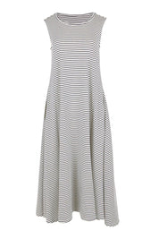 Product shot of the Sabrina Maxi Dress - Navystripe in colour Navystripe, from the front