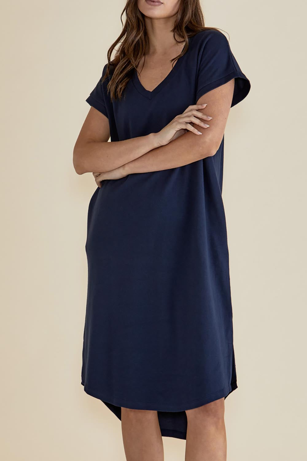 A model wearing the Jolene Tin colourShirt Dress - Navy (Blue), from the front, cropped image