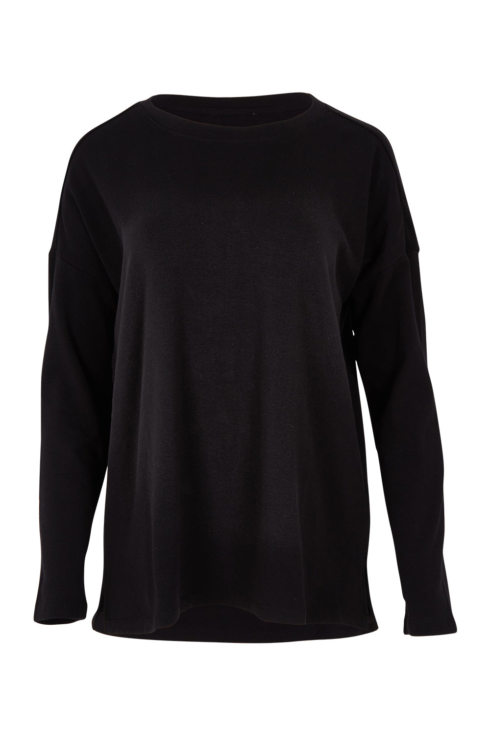 Product shot of the Brixley Long Sleeve Cotton Top in colour Black (Black), from the front