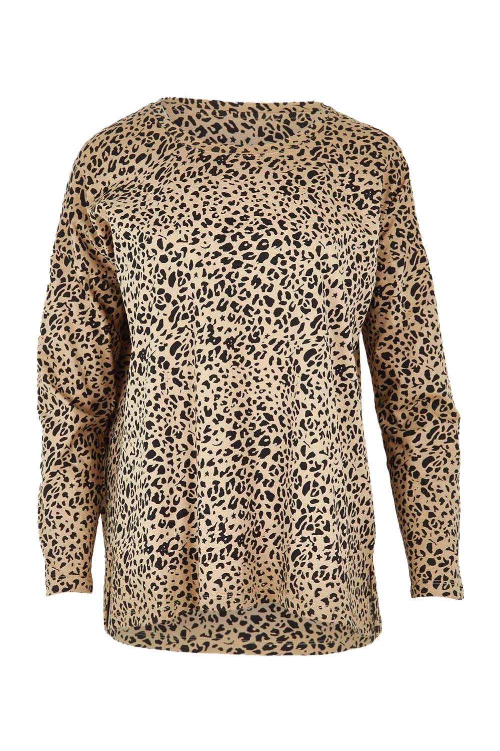 Product shot of the Brixley Long Sleeve Cotton Top in colour Leopard, from the front
