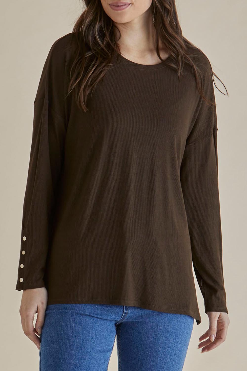 A model wearing the Hendrix Ribbed Long Sleeve Tee in colour Brown, from the front, cropped image