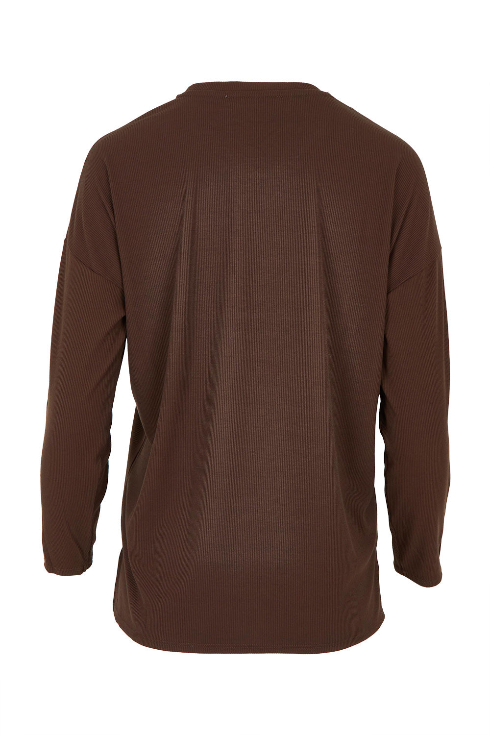 Product shot of the Hendrix Ribbed Long Sleeve Tee in colour Brown, from the back