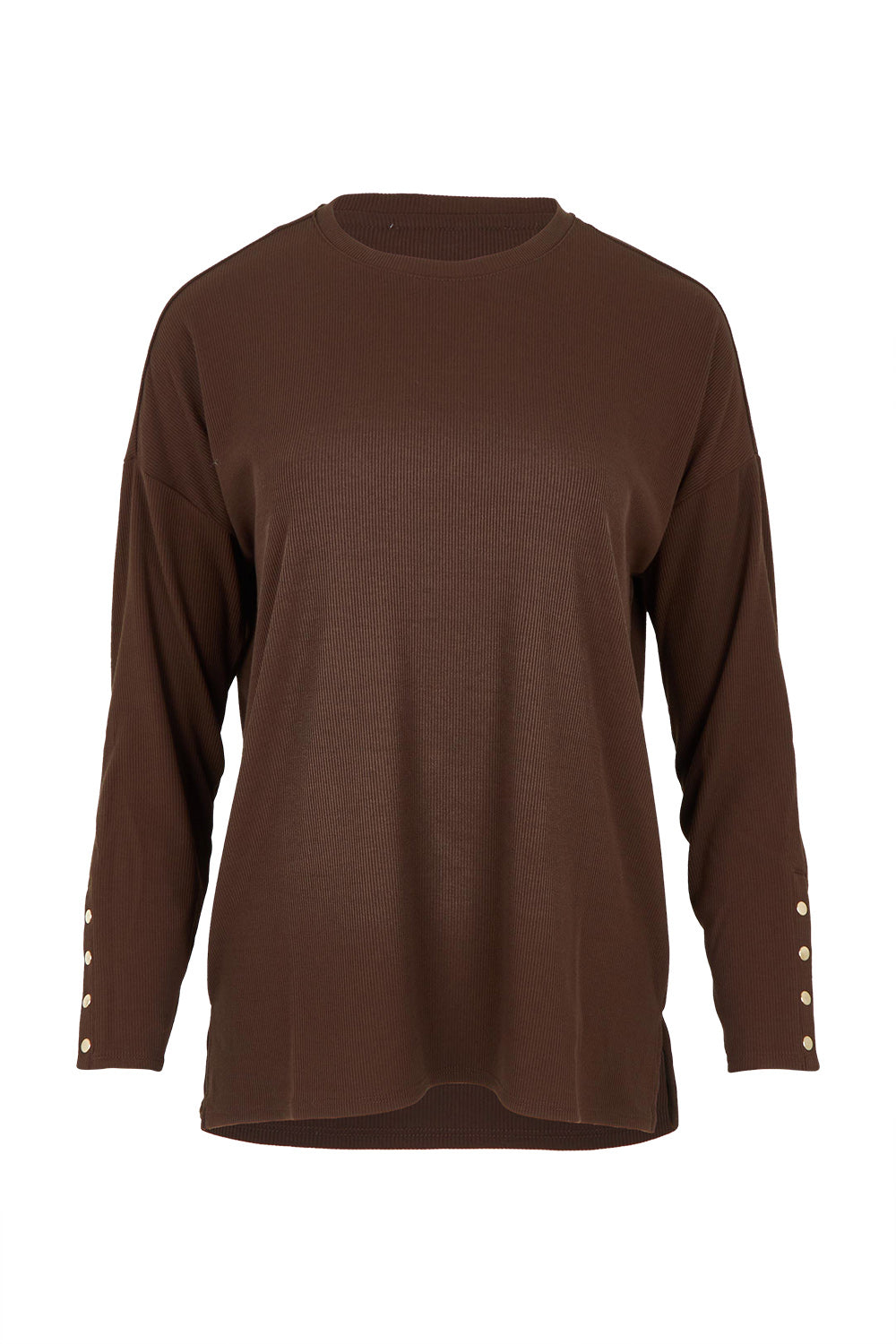 Product shot of the Hendrix Ribbed Long Sleeve Tee in colour Brown, from the front