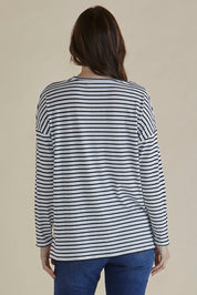 A model wearing the Hendrix Ribbed Long Sleeve Tee in colour Stripe (White), from the back