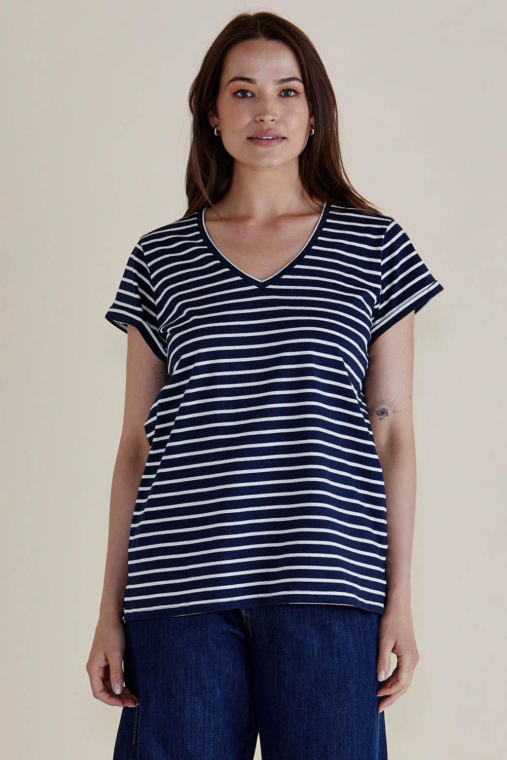 A model wearing the Ayla Vin colourNeck Cotton Tee - Navystripe (Blue), from the front, cropped image
