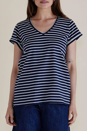 A model wearing the Ayla Vin colourNeck Cotton Tee - Navystripe (Blue), from the front, cropped image