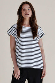 A model wearing the Caia Cotton Crew Tee in colour Blkstripe (Black), from the front, cropped image