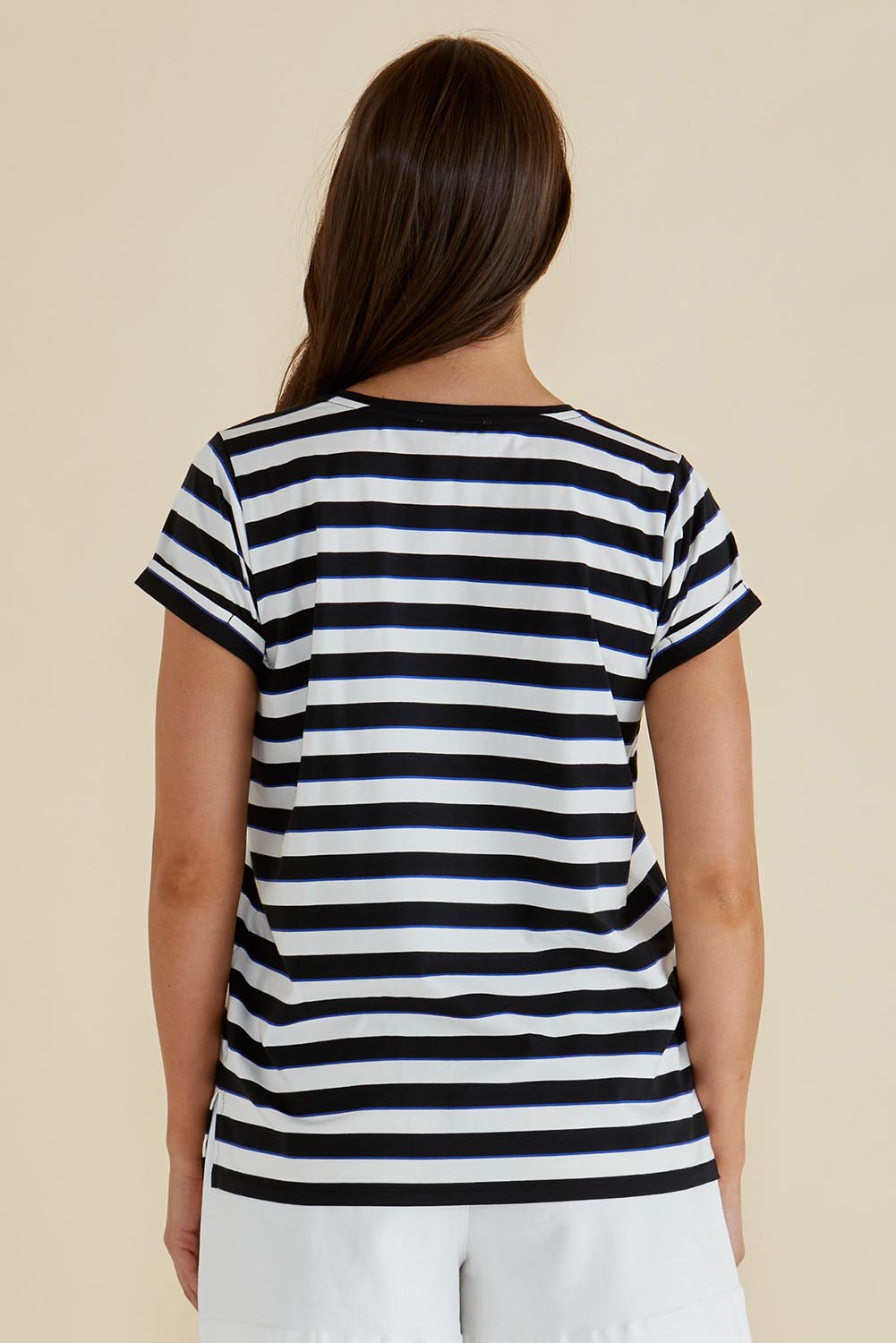A model wearing the Caia Cotton Crew Tee in colour Stripe, from the back