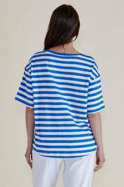 A model wearing the Relax Boxy Cotton Tee in colour Azureblue (Blue), from the back