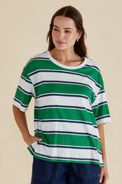 A model wearing the Relax Boxy Cotton Tee in colour Green (Green), from the front, cropped image
