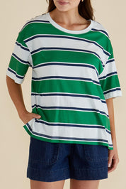 A model wearing the Relax Boxy Cotton Tee in colour Green (Green), from the front, cropped image
