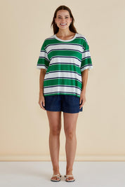 A model wearing the Relax Boxy Cotton Tee in colour Green (Green), from the front, showing the whole outfit