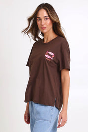 Model Madelinec wearing size 10 of the Relax Boxy Tee – Pescado in colour Pescado, from an angle