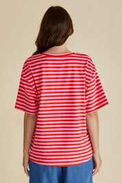 A model wearing the Relax Boxy Cotton Tee in colour Pinkred (Red), from the back