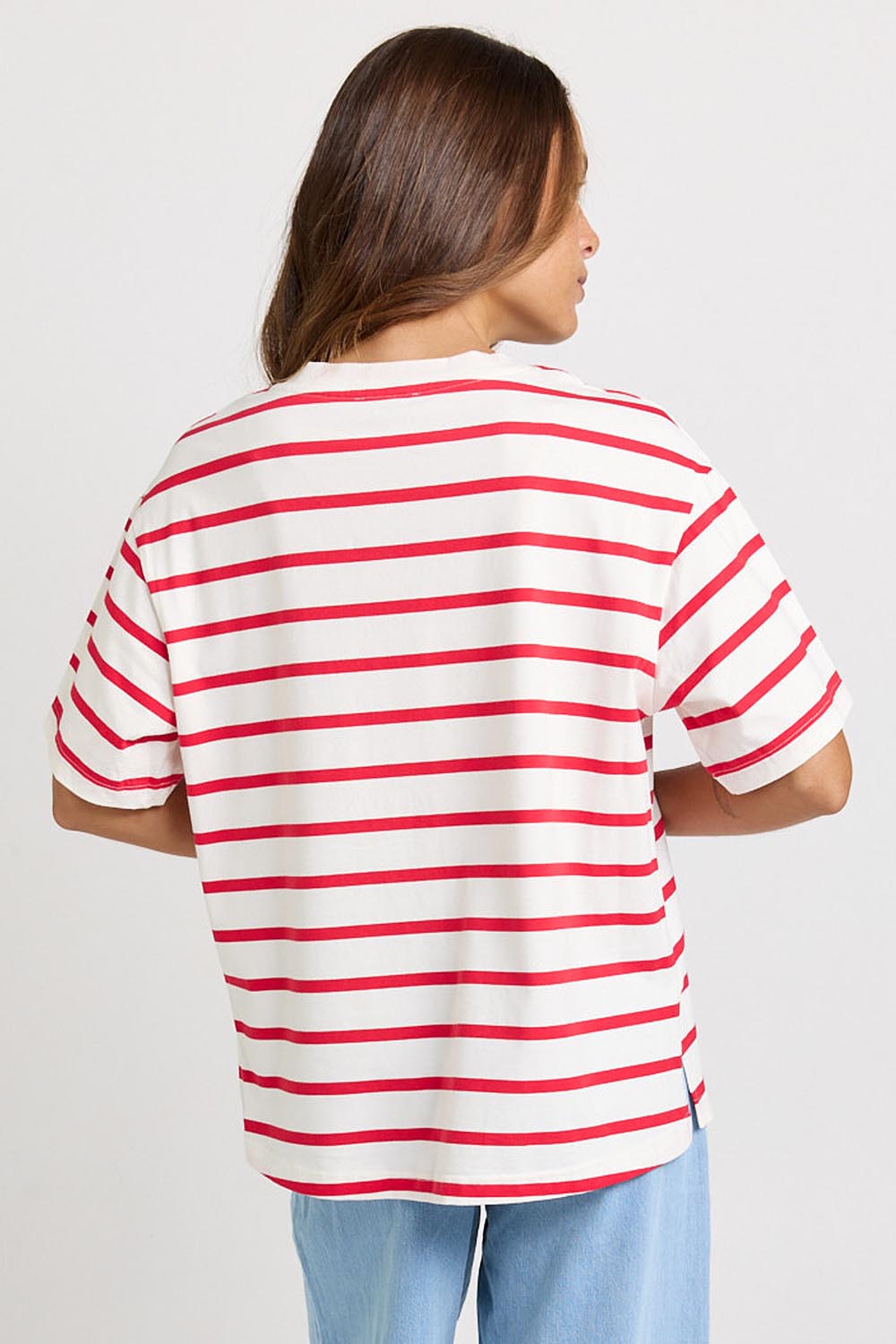 Model Genericm wearing size sample of the Relax Boxy Tee – Redwhite in colour Redwhite, from the back