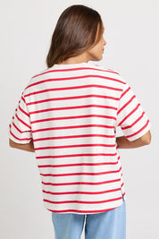Model Genericm wearing size sample of the Relax Boxy Tee – Redwhite in colour Redwhite, from the back