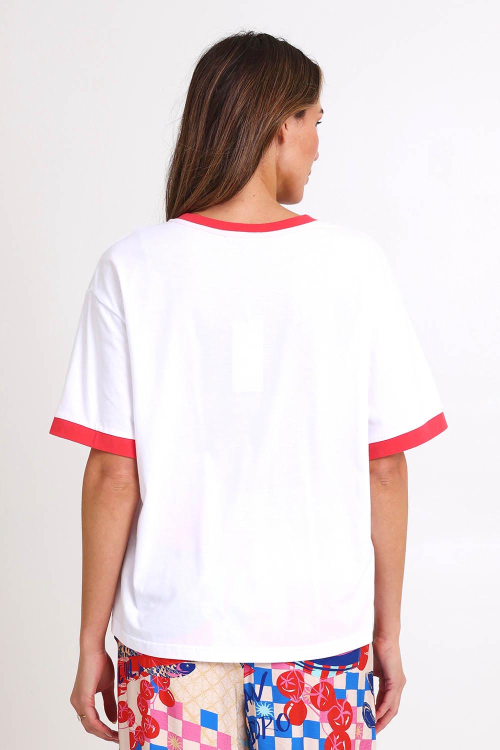 Model Madelinec wearing size 10 of the Relax Boxy Tee – Stlucia in colour Stlucia, from the back