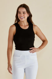 A model wearing the Francis Rib Tank in colour Black (Black), from the front, cropped image