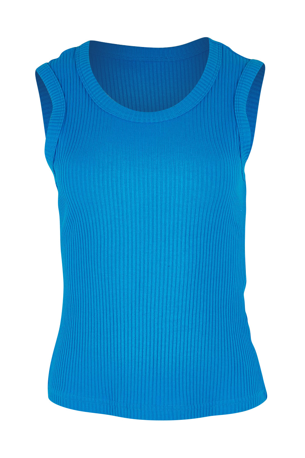 Product shot of the Francis Rib Tank in colour Blue (Blue), from the front