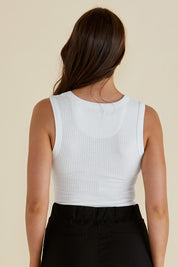 A model wearing the Francis Rib Tank in colour White (White), from the back