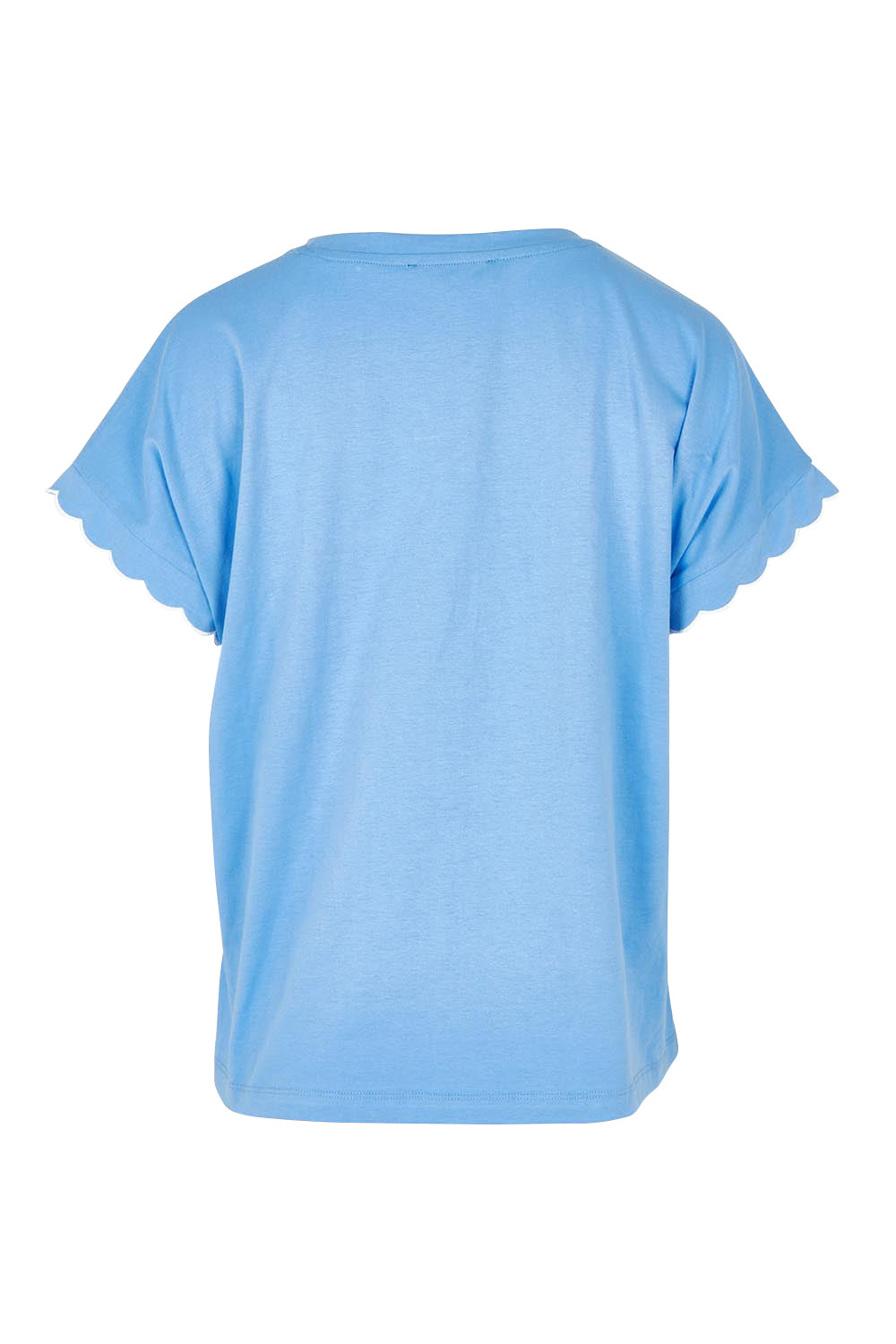 Product shot of the Sloane Scallop Cotton Tee in colour Blue (Blue), from the back