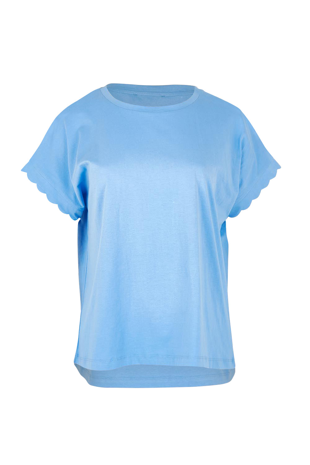 Product shot of the Sloane Scallop Cotton Tee in colour Blue (Blue), from the front