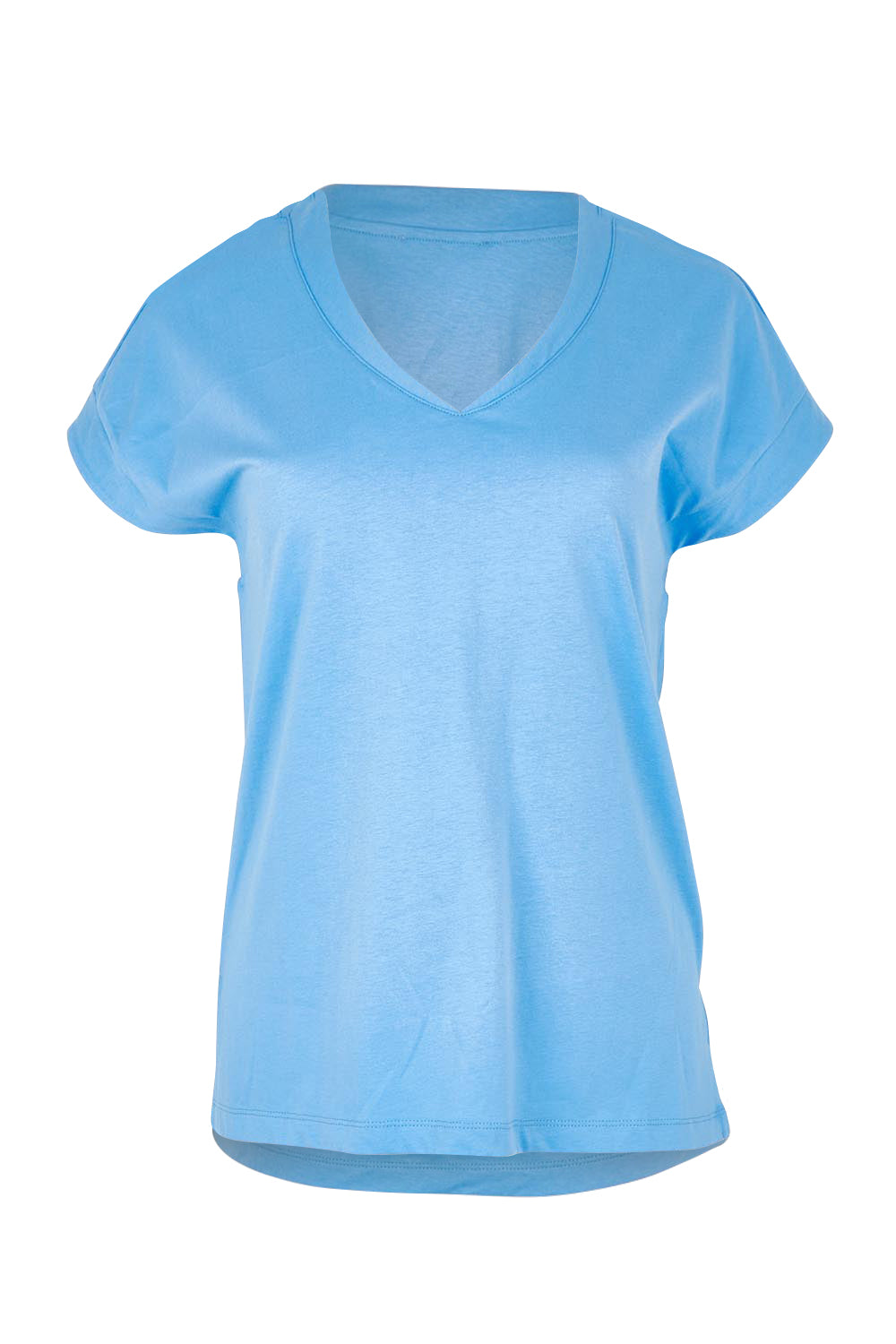 Product shot of the Tracy Vin colourNeck Cotton Tee - Powderblue (Blue), from the front