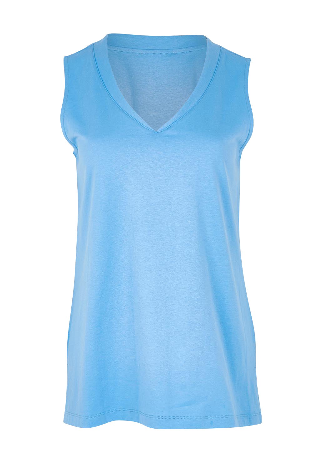 Product shot of the Trinity Vin colourNeck Cotton Tank - Powderblue (Blue), from the front