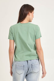 Model Madeline wearing size 10 of the Cotton Slim Fit Tee in colour Green (Green), from the back