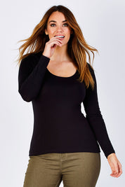 Model Laura wearing size 12 of the Madonna L/S Scoop Top in colour Black (Black), from the front, cropped image