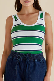 A model wearing the Emma Cotton Scoop Tank in colour Green (Green), from the front, cropped image