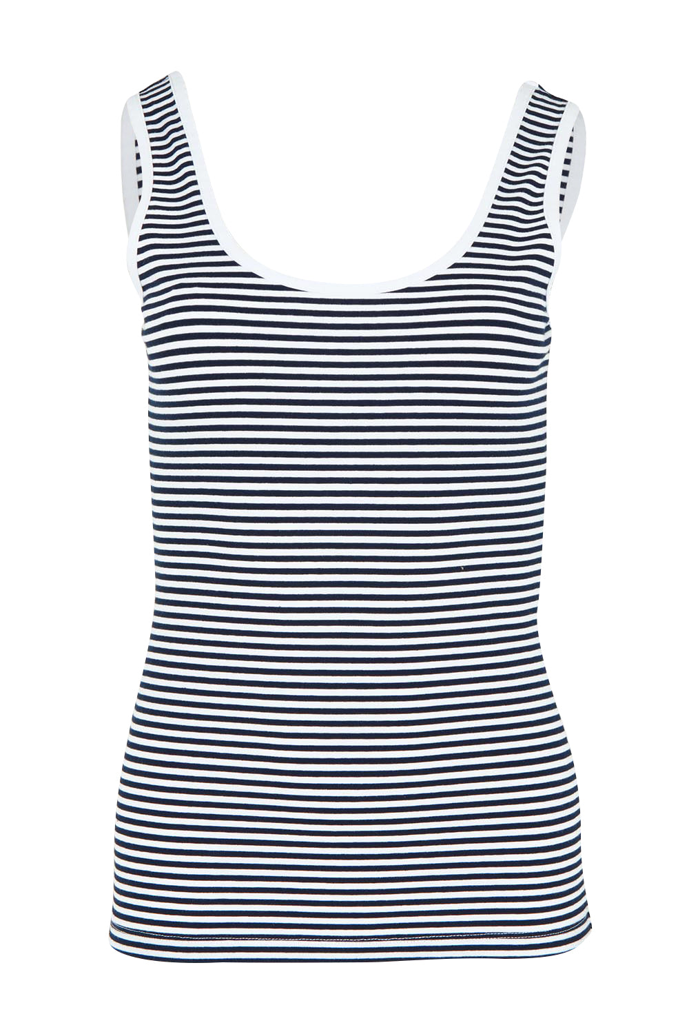 Product shot of the Emma Cotton Scoop Tank in colour NavyStripe (Blue), from the front