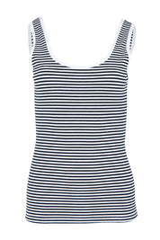 Product shot of the Emma Cotton Scoop Tank in colour NavyStripe (Blue), from the front