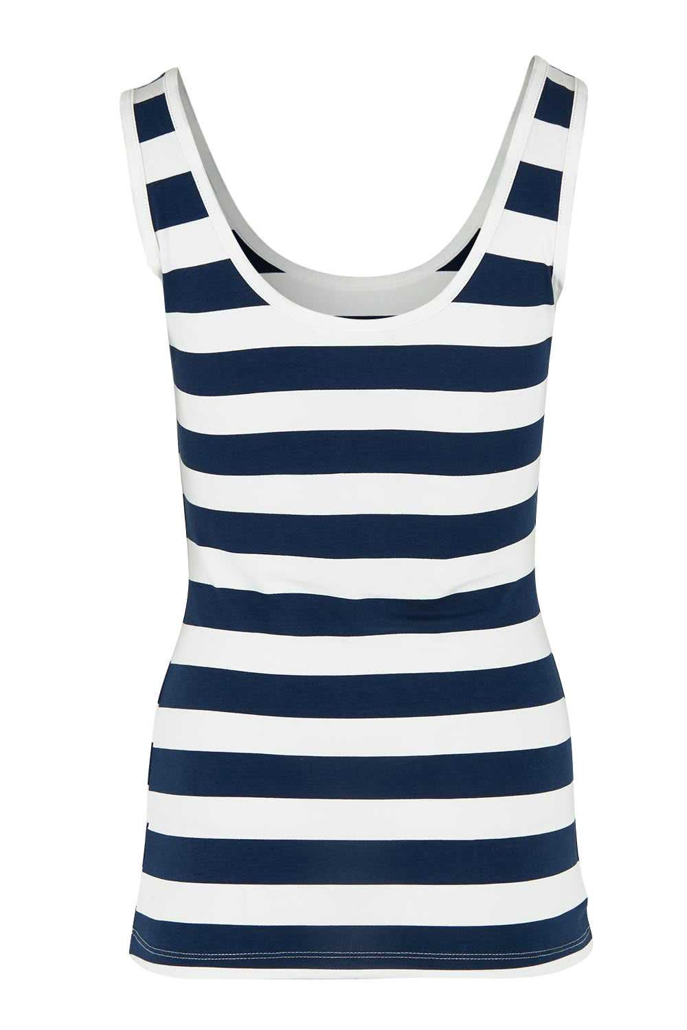 Product shot of the Emma Cotton Scoop Tank in colour Nboldstrip (Blue), from the back
