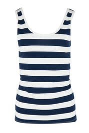 Product shot of the Emma Cotton Scoop Tank in colour Nboldstrip (Blue), from the front
