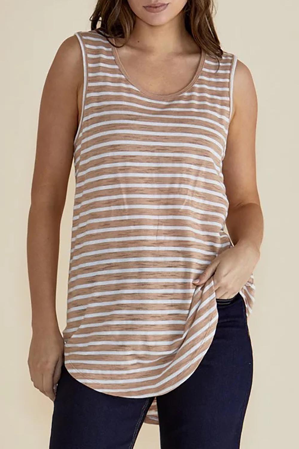 A model wearing the Keira Tank in colour Beigestrip, from the front, cropped image