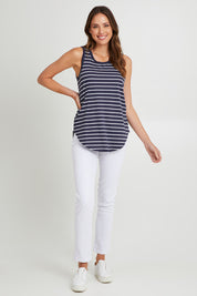 Model Madeline wearing size 10 of the Keira Tank in colour Bluestrp (Blue), from the front, showing the whole outfit